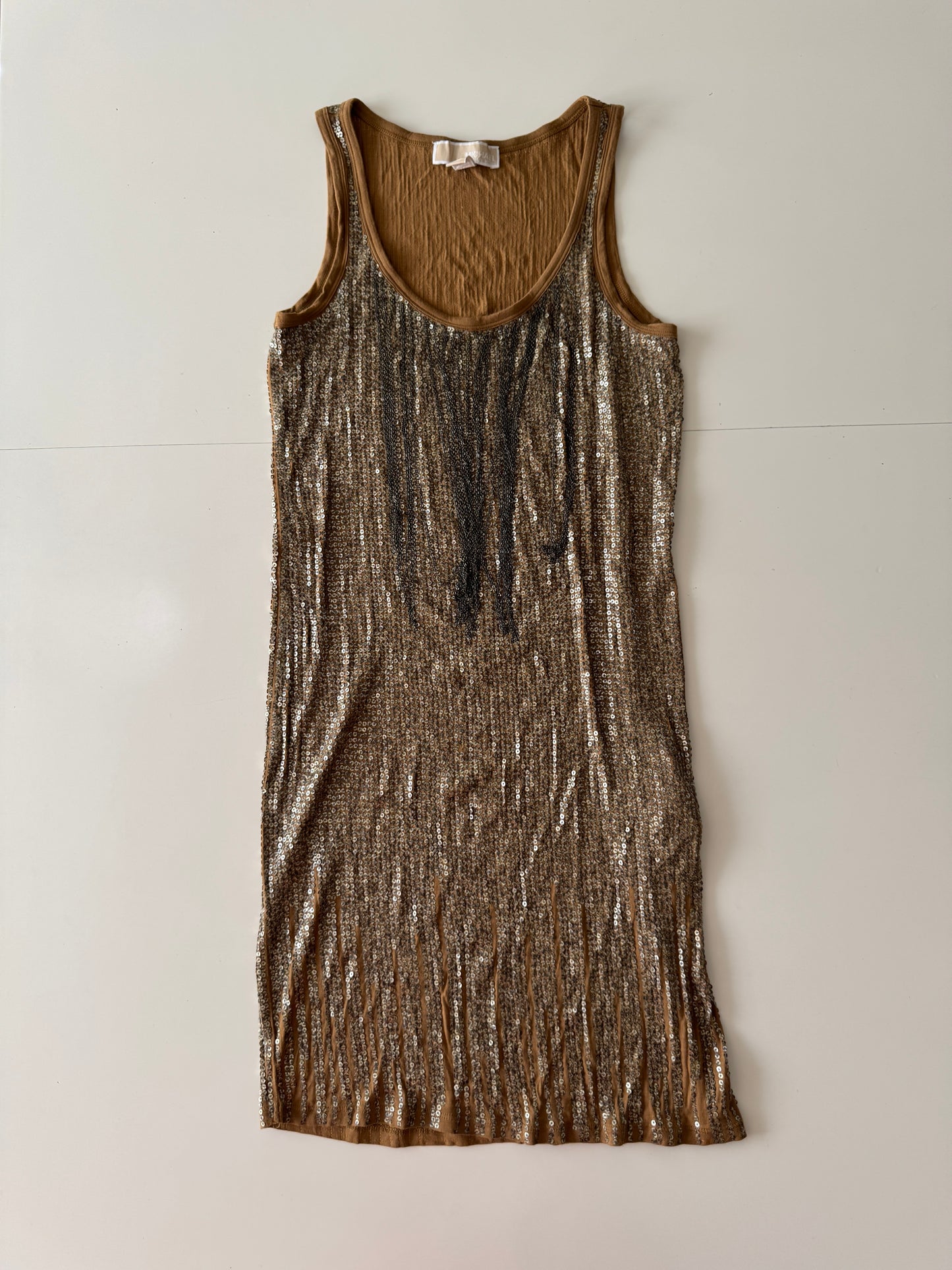 Vestido dorado con cadenas y lentejuelas, Talla XS, Mujer, Michael Kors