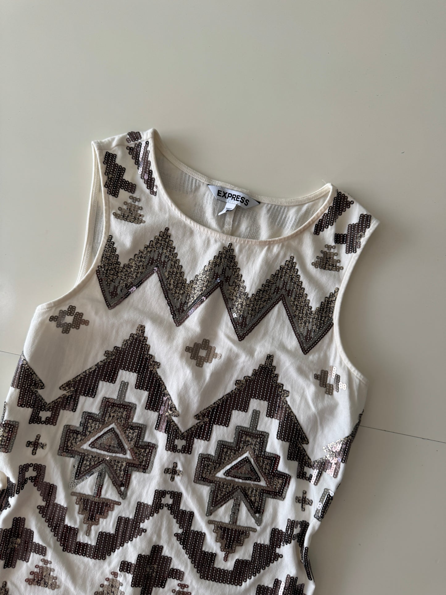 Vestido blanco con lentejuelas, Talla S, Mujer, Express