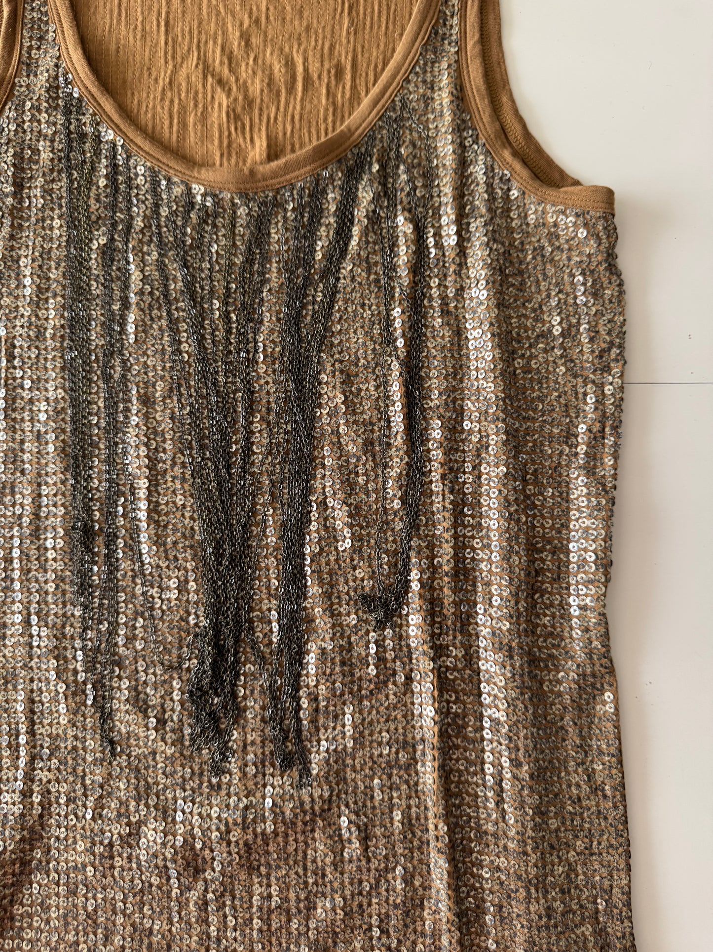 Vestido dorado con cadenas y lentejuelas, Talla XS, Mujer, Michael Kors