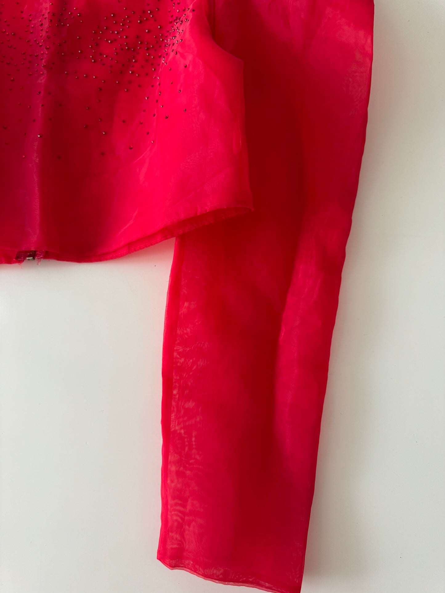 Blusa roja traslucida, mangas abullonadas, Talla S, Mujer, L|C Lizette Collection