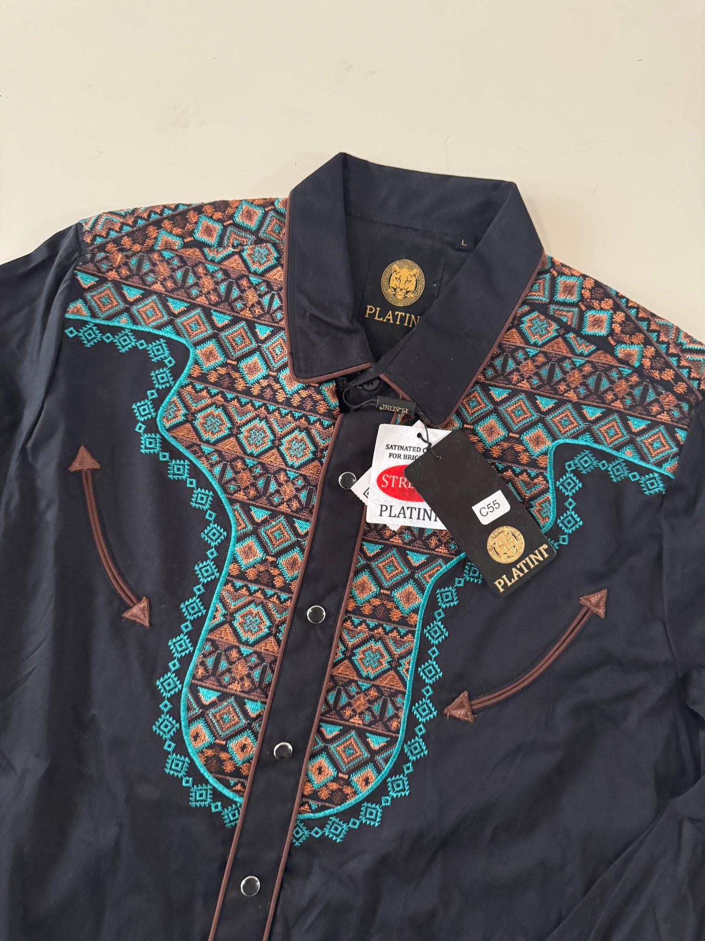 Camisa vaquera bordada negra, Talla L, Hombre, Platini