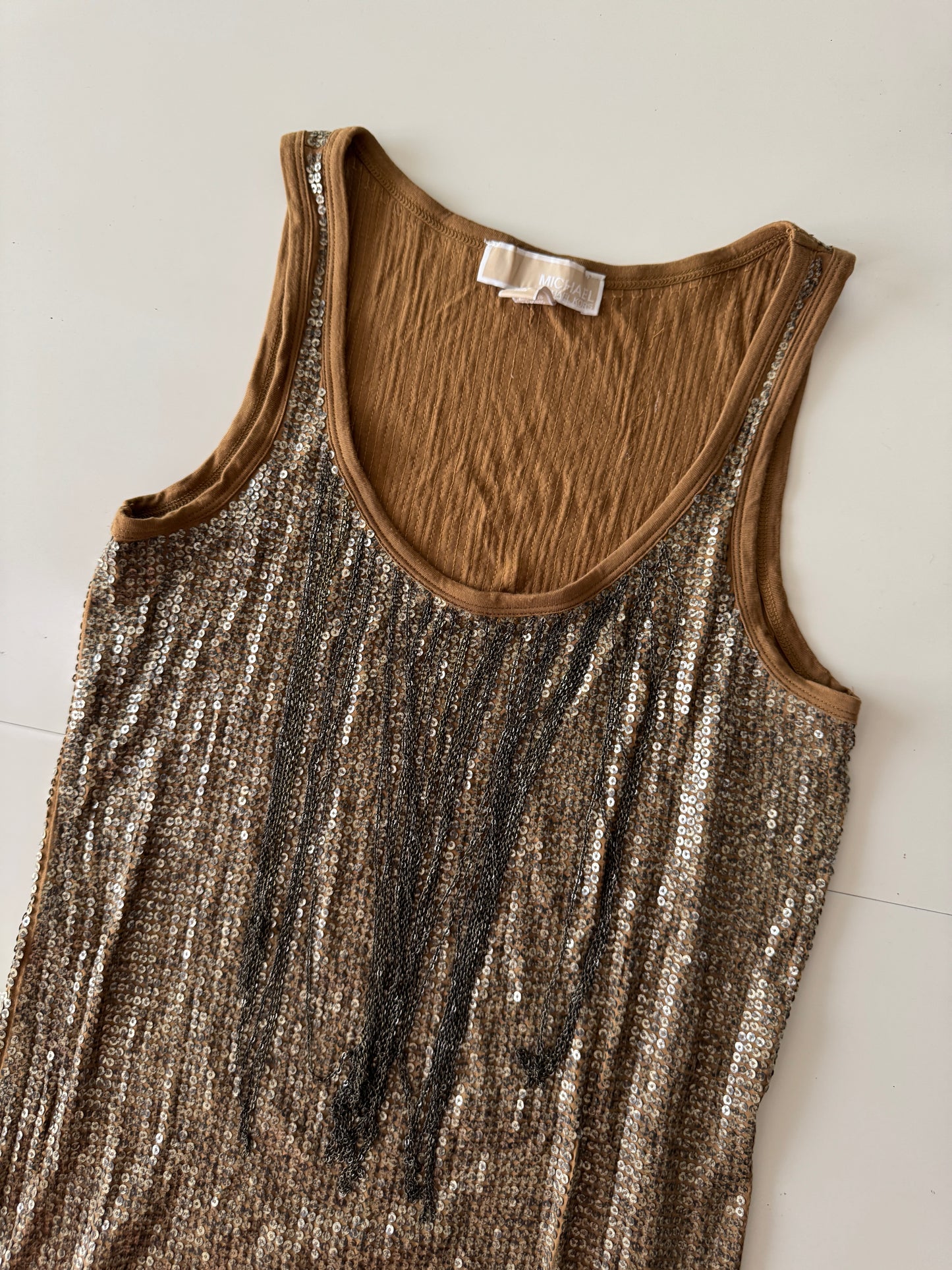 Vestido dorado con cadenas y lentejuelas, Talla XS, Mujer, Michael Kors