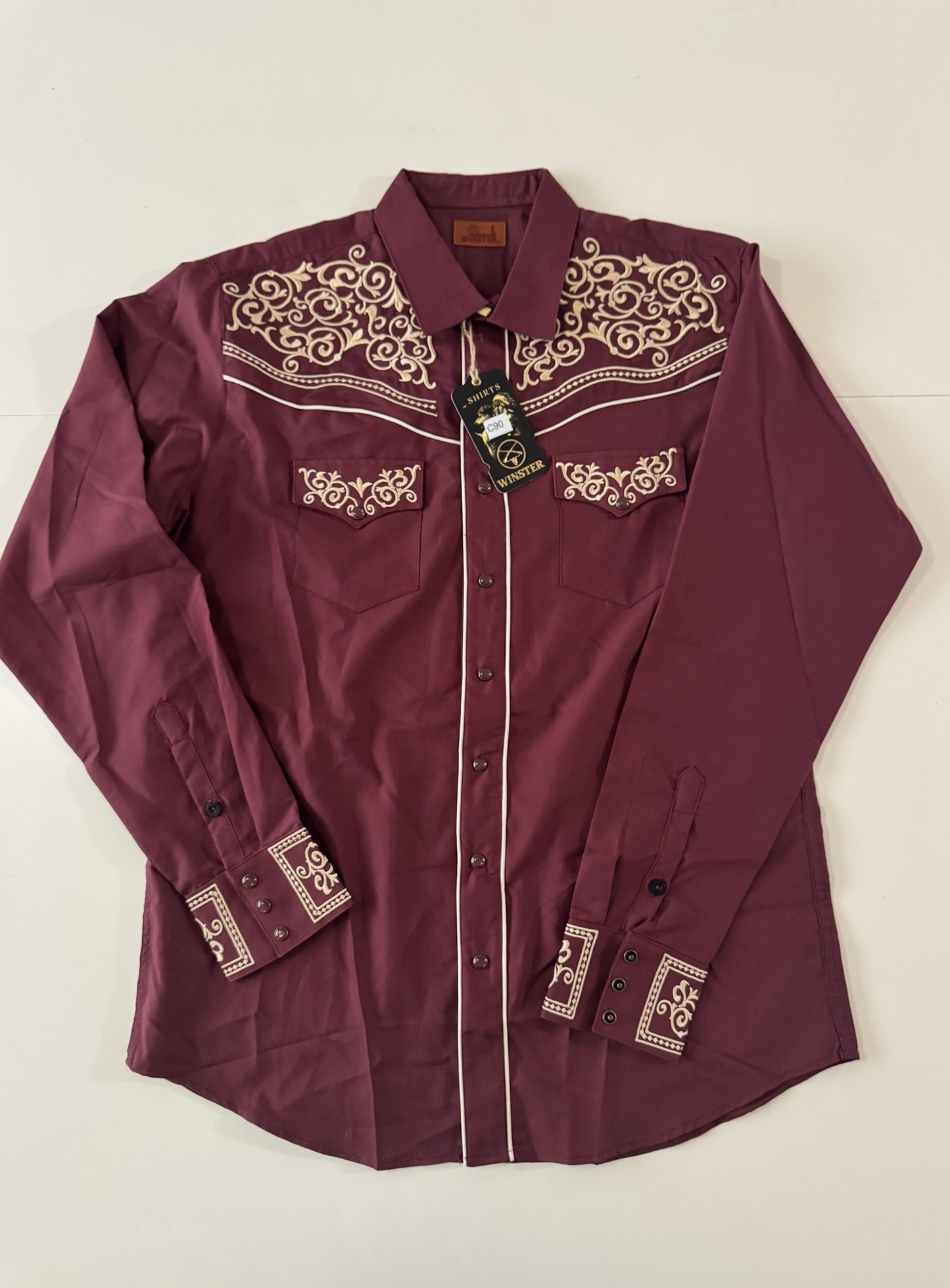 Camisa vaquera bordada color vino, Talla L, Winster, Hombre