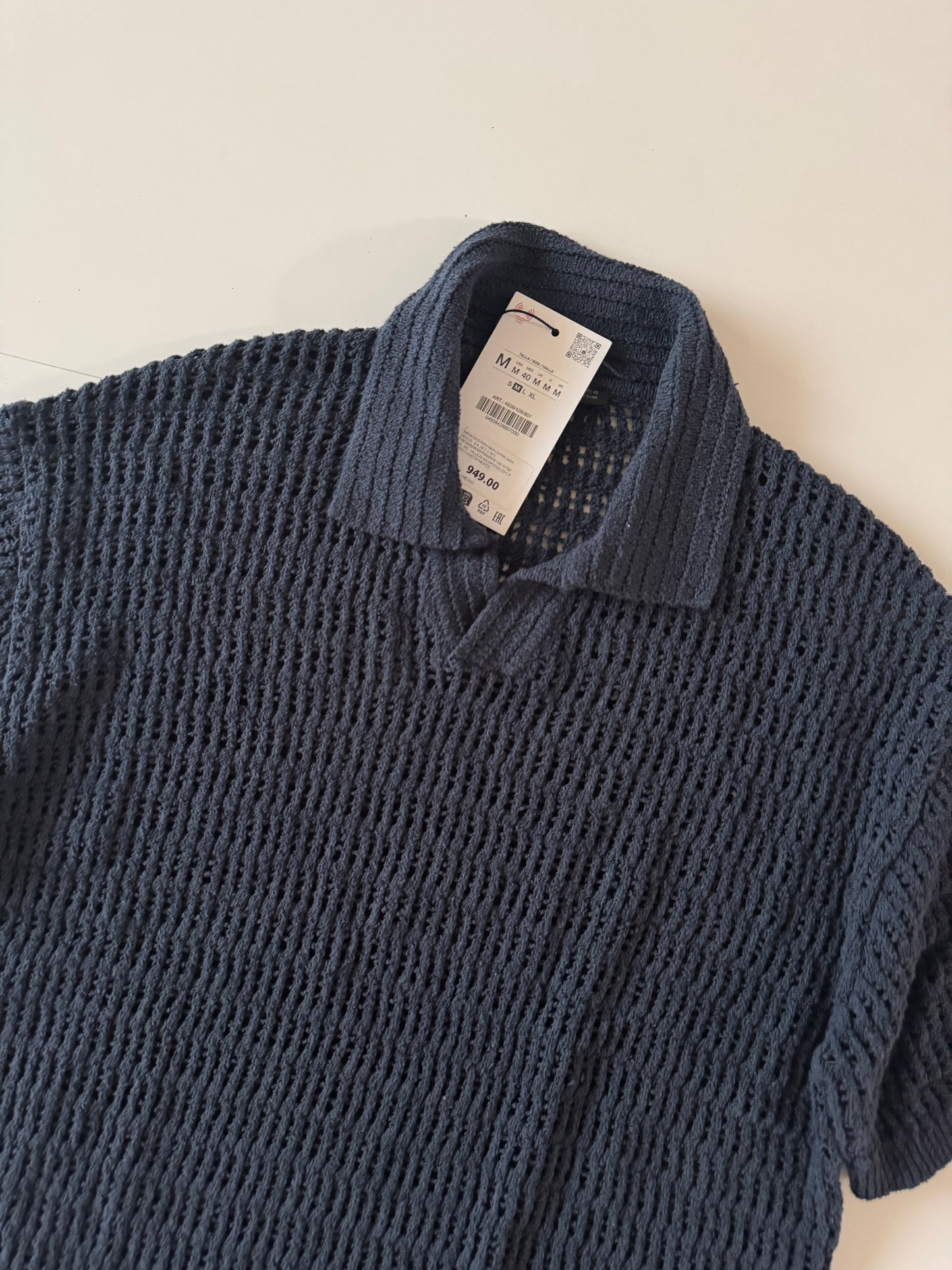 Polo de crochet azul marino, Talla M, Hombre, Zara
