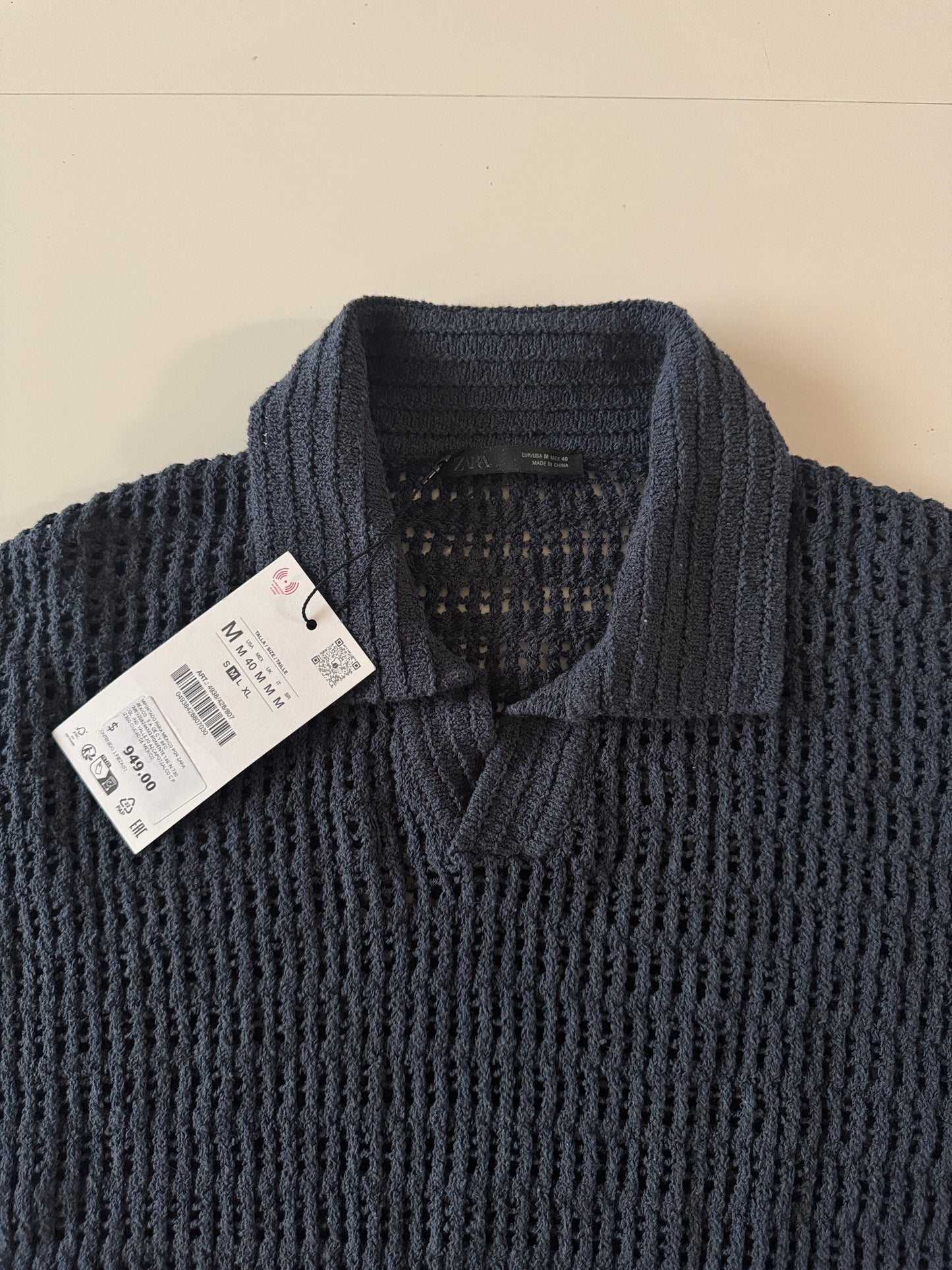 Polo de crochet azul marino, Talla M, Hombre, Zara