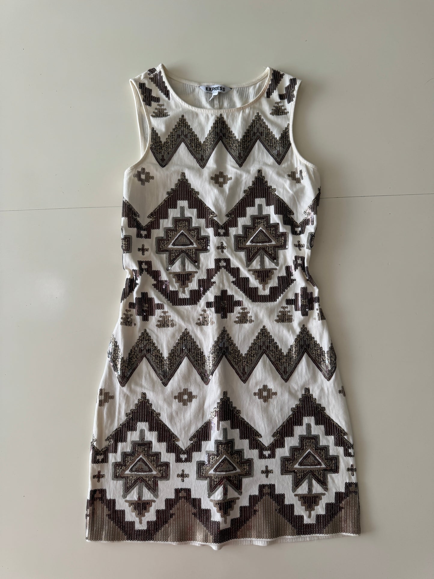 Vestido blanco con lentejuelas, Talla S, Mujer, Express