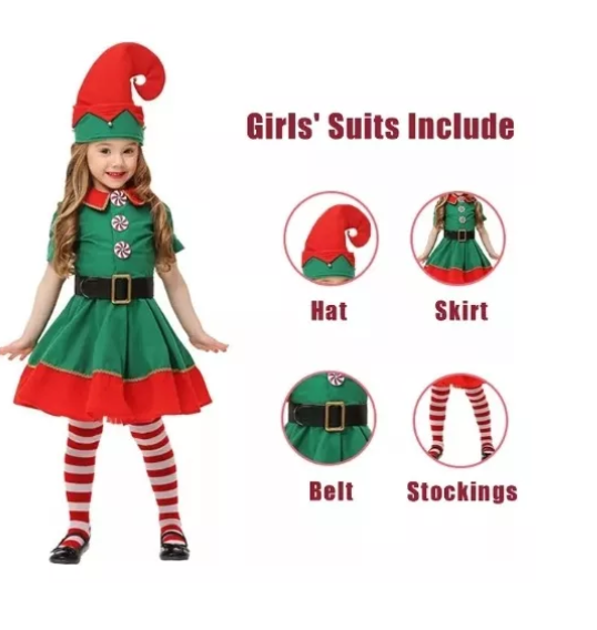 Vestido de duende navideño, 140cm, Talla 8 años, Niña