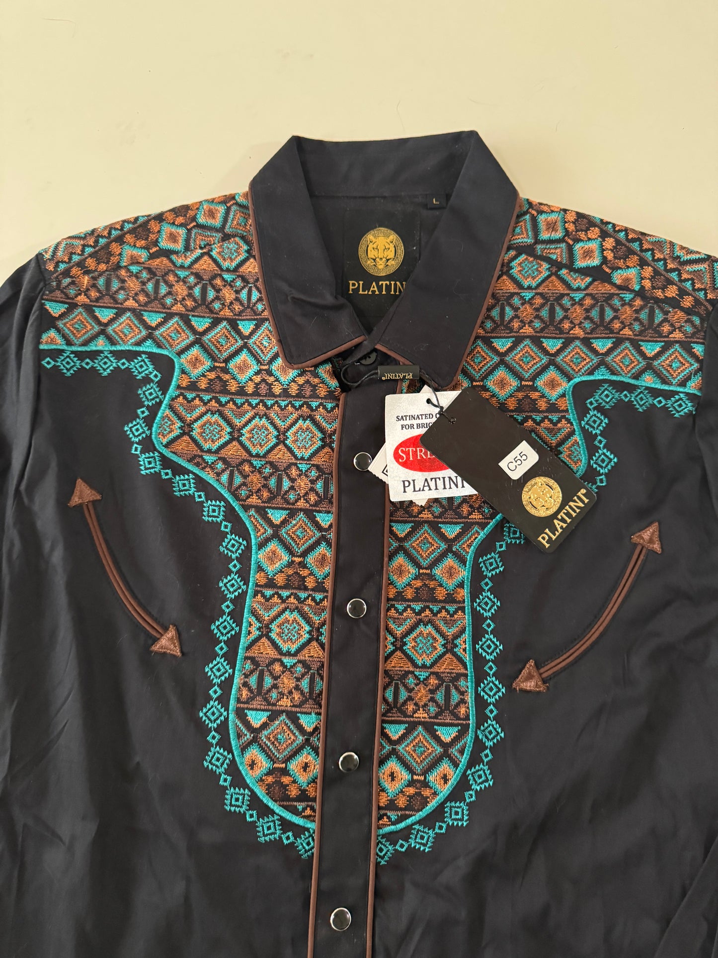 Camisa vaquera bordada negra, Talla L, Hombre, Platini