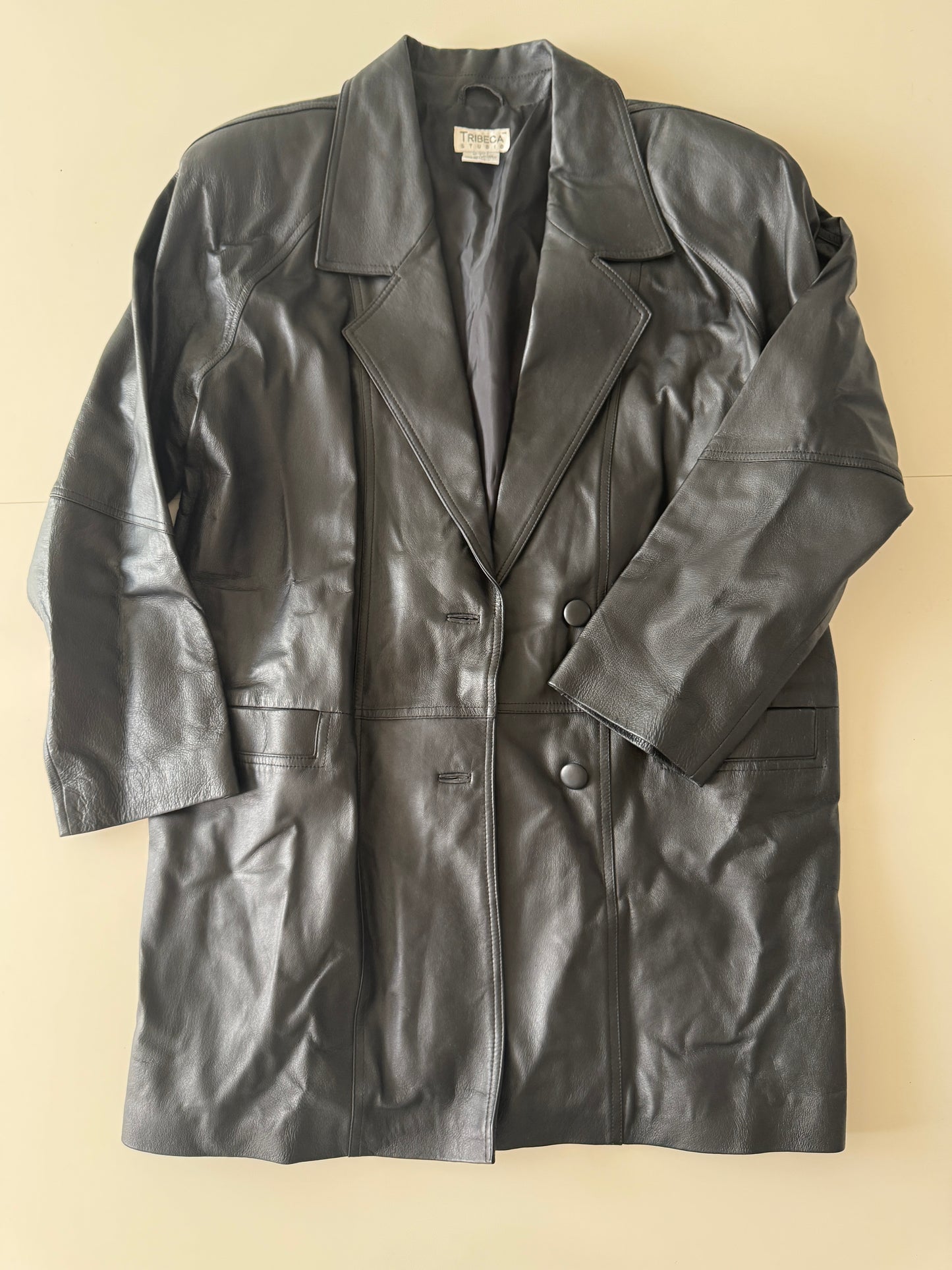 Gabardina negra de piel, Talla L, Mujer, Tribeca Studio