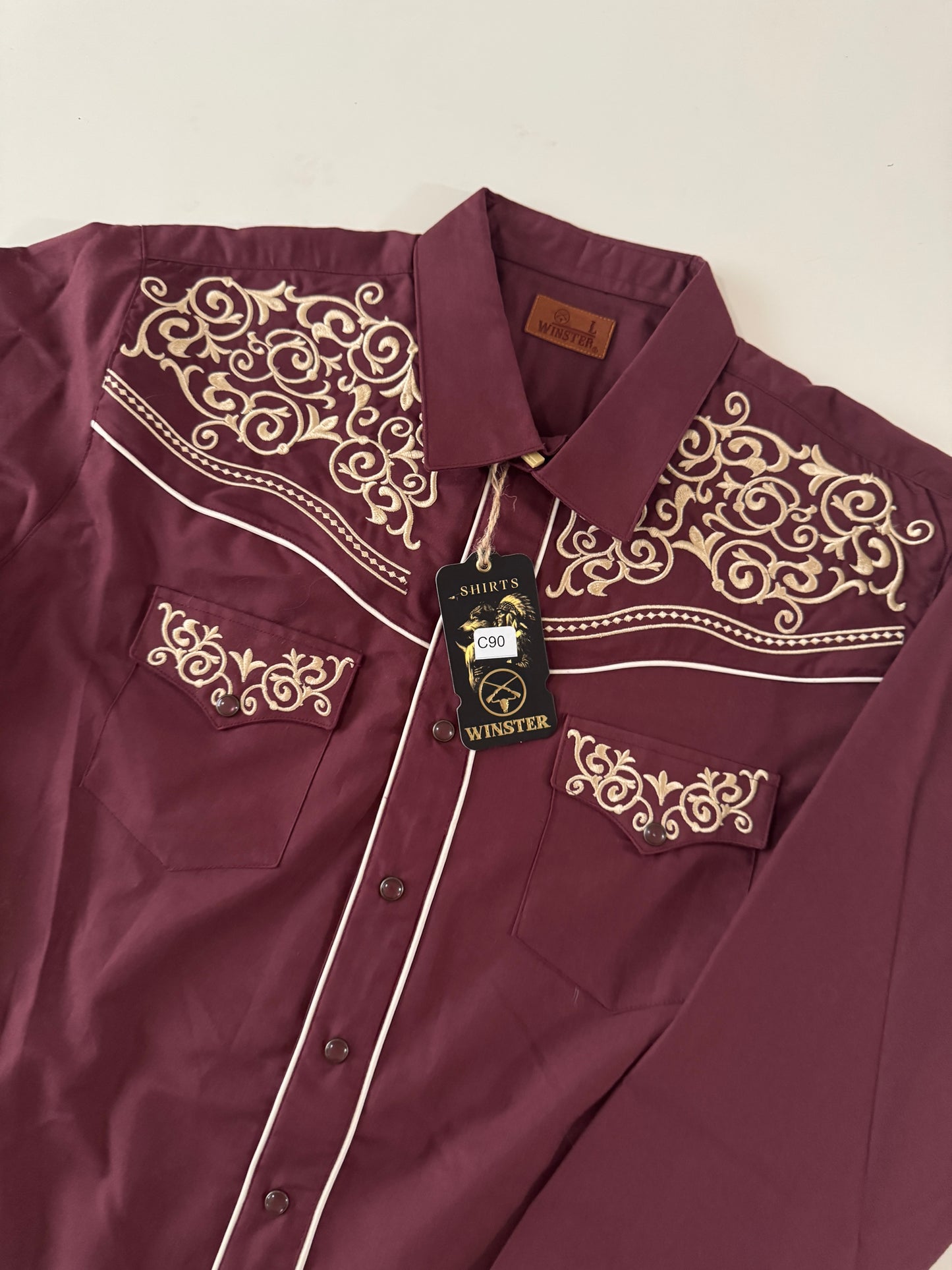 Camisa vaquera bordada color vino, Talla L, Winster, Hombre