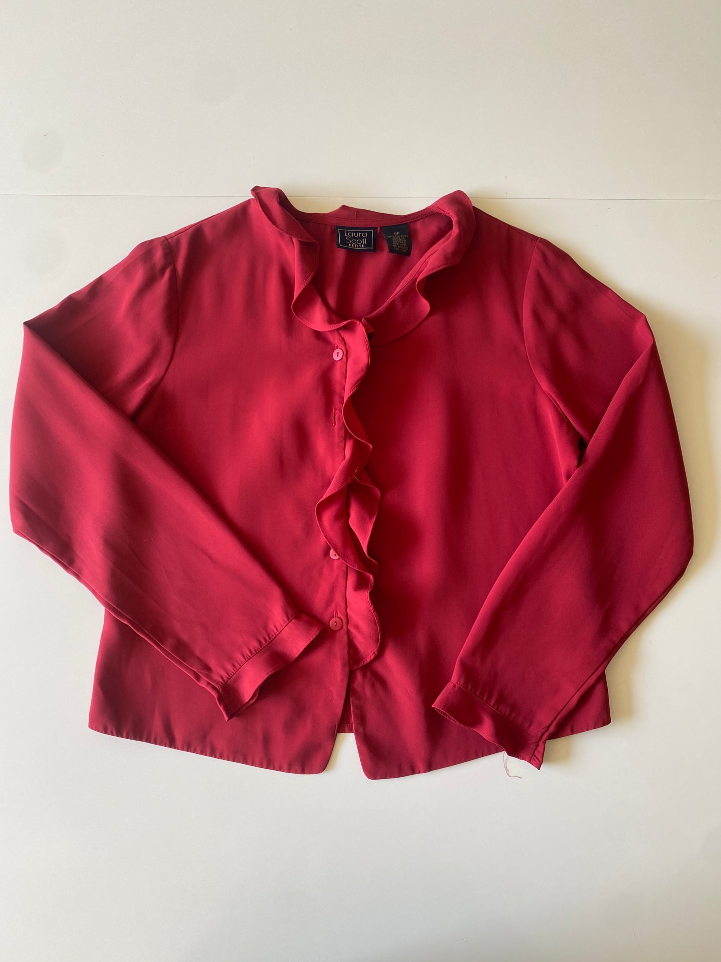 Blusa roja manga larga con escarolas, Talla 6P, Mujer