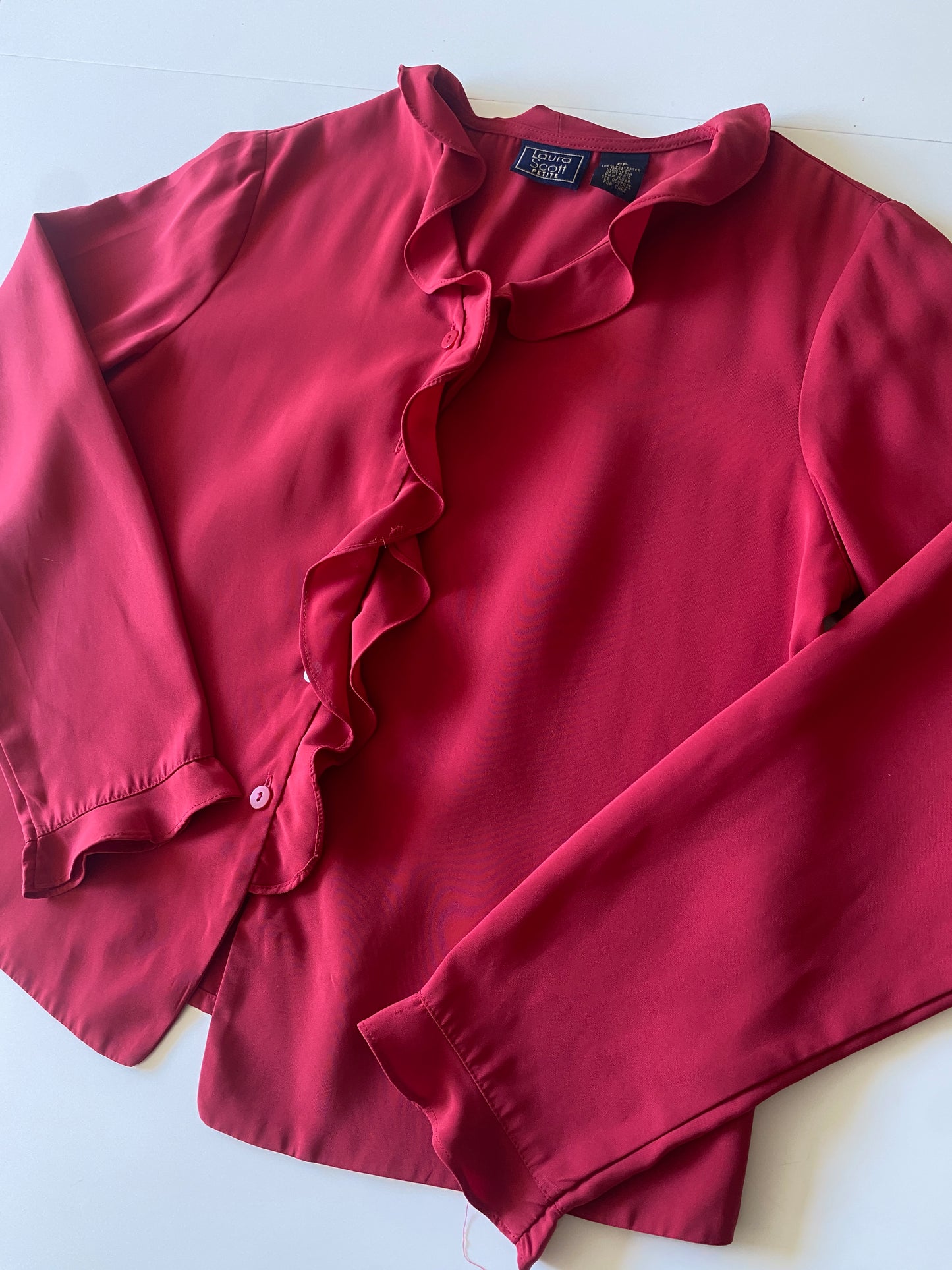 Blusa roja manga larga con escarolas, Talla 6P, Mujer