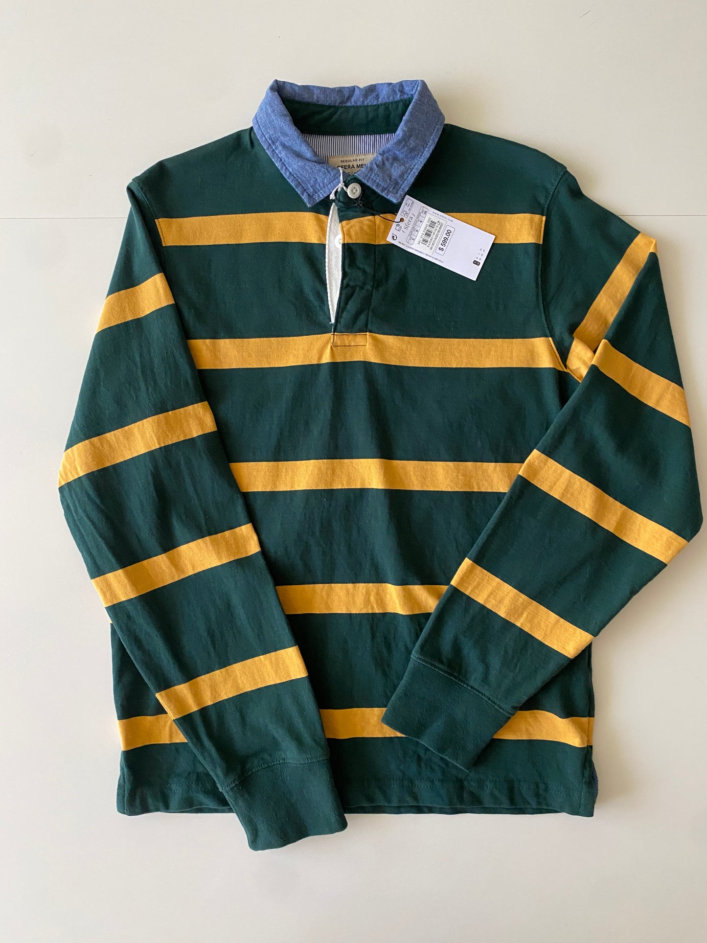 Camisa Polo manga larga y cuello de mezclilla, Talla S, Hombre