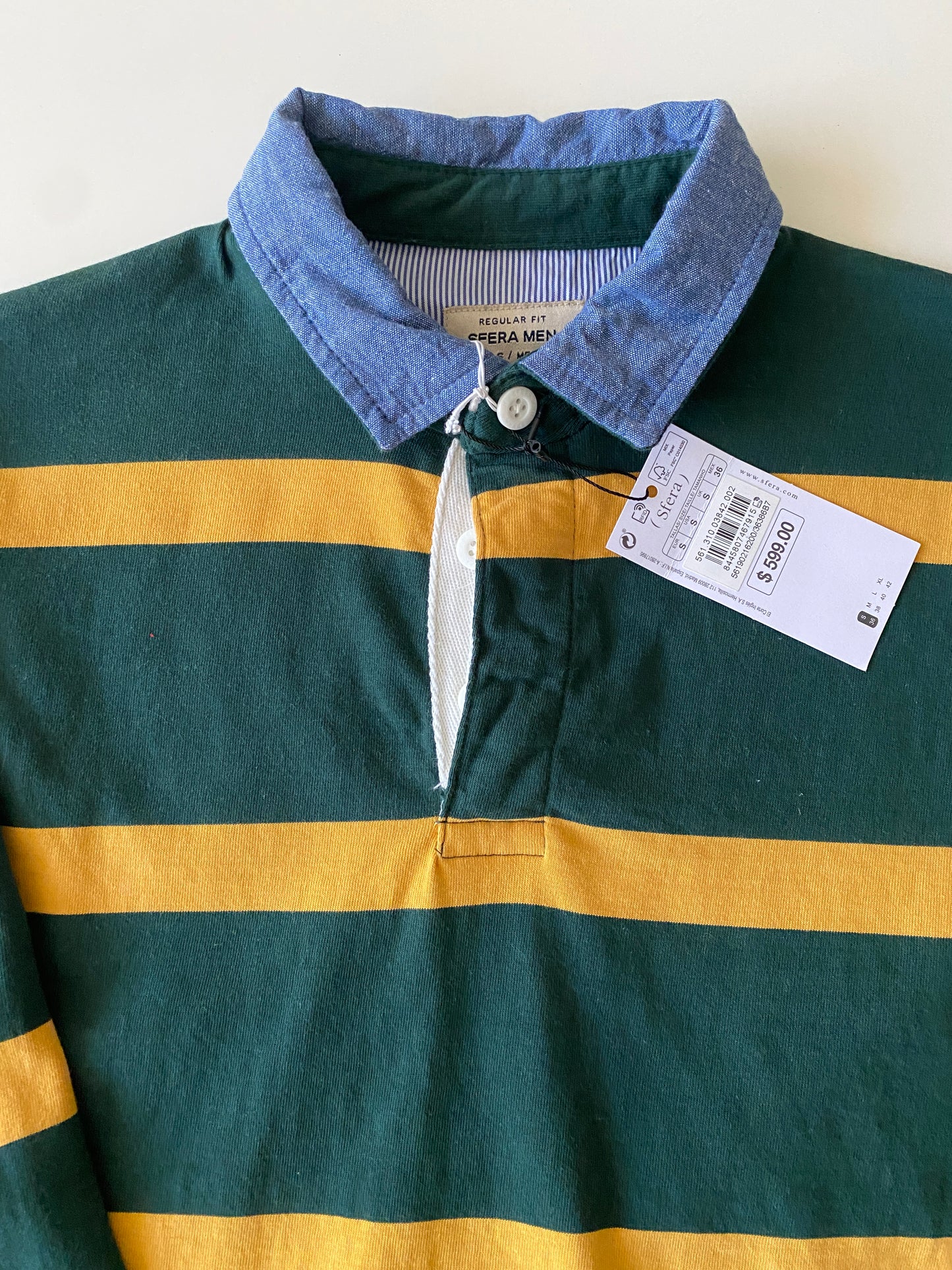 Camisa Polo manga larga y cuello de mezclilla, Talla S, Hombre