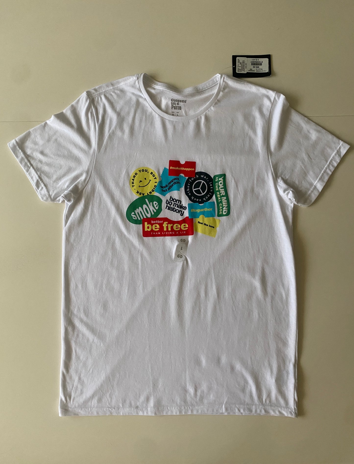Playera blanca con grafico en frente, Talla L, Hombre