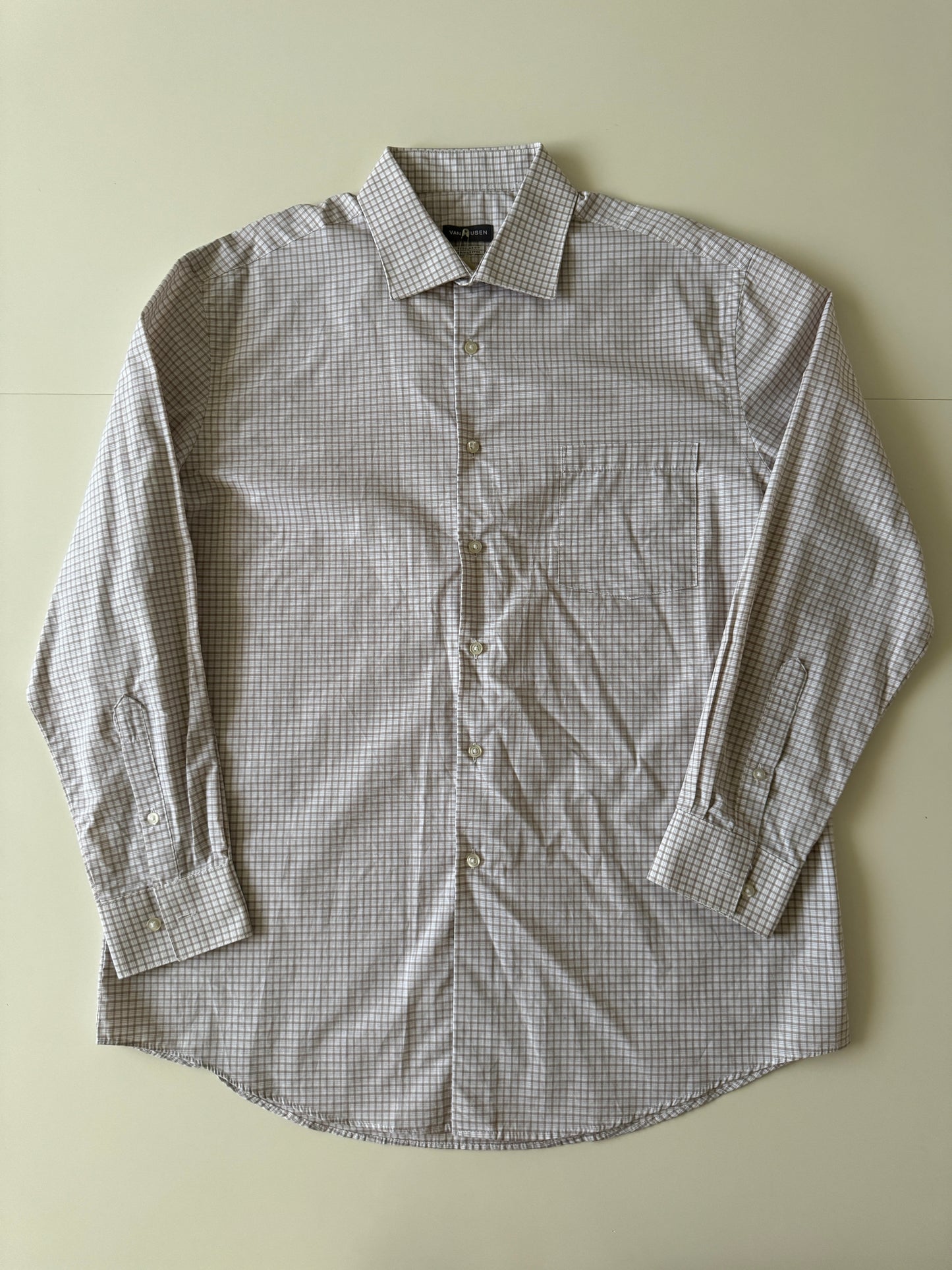 Camisa cuadros pequeños beige, Talla L, Cuello 16.5, Manga 32/33, Hombre