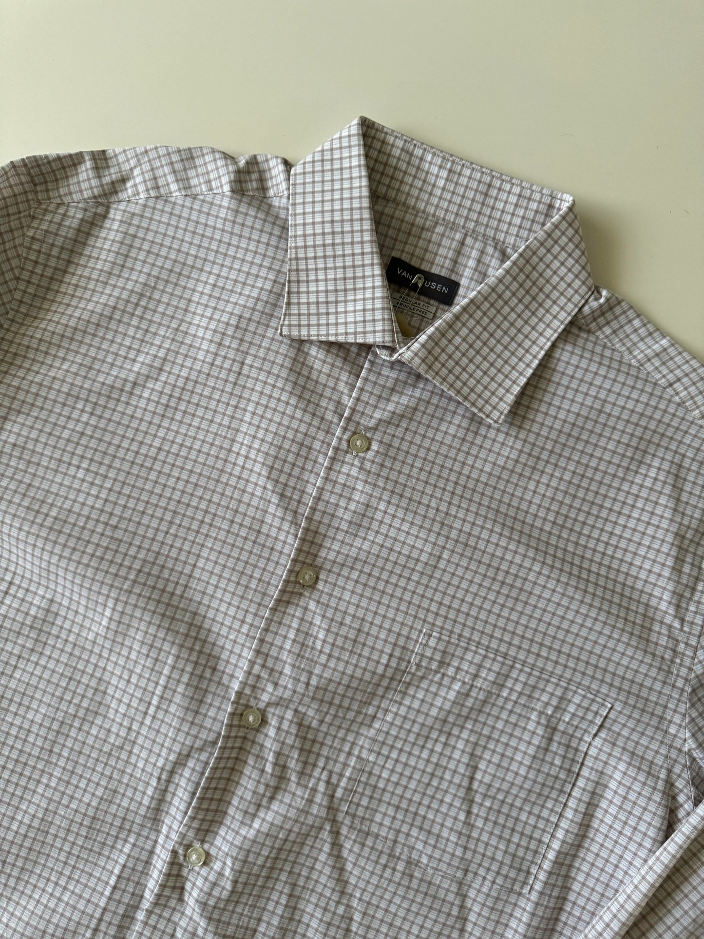 Camisa cuadros pequeños beige, Talla L, Cuello 16.5, Manga 32/33, Hombre
