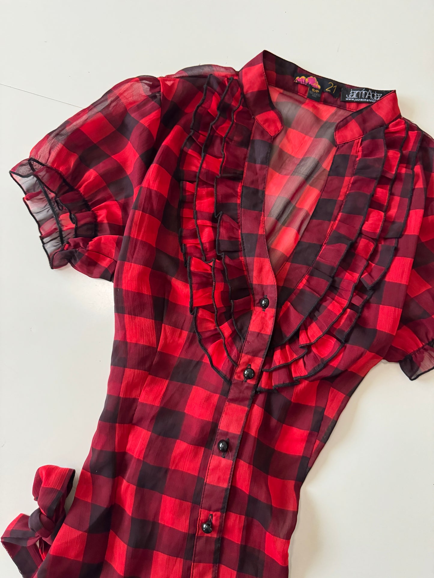 Blusa traslucida de cuadros, Talla S, Mujer