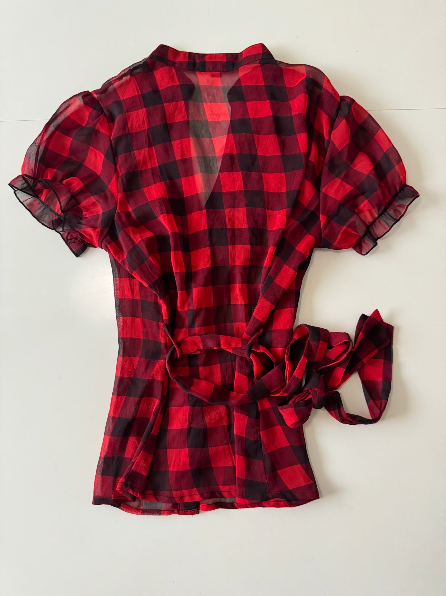 Blusa traslucida de cuadros, Talla S, Mujer