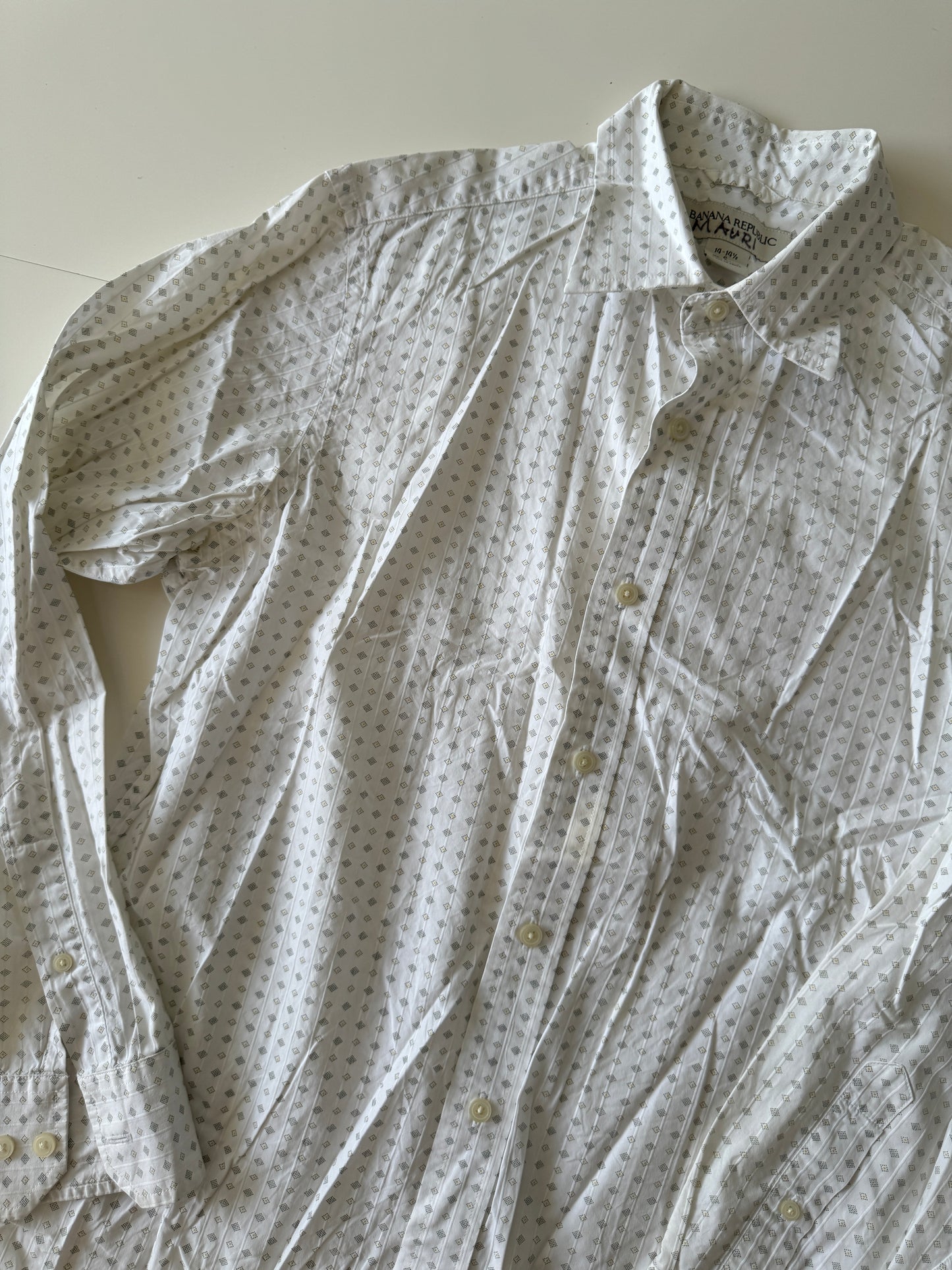 Camisa blanca estampada rombos, Talla 14, 14 1/2 cuello, Talla S, Hombre