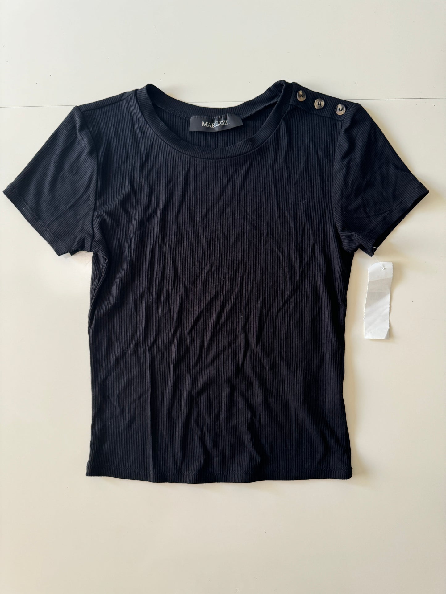 Playera negra decorada con botones, Talla M, Mujer