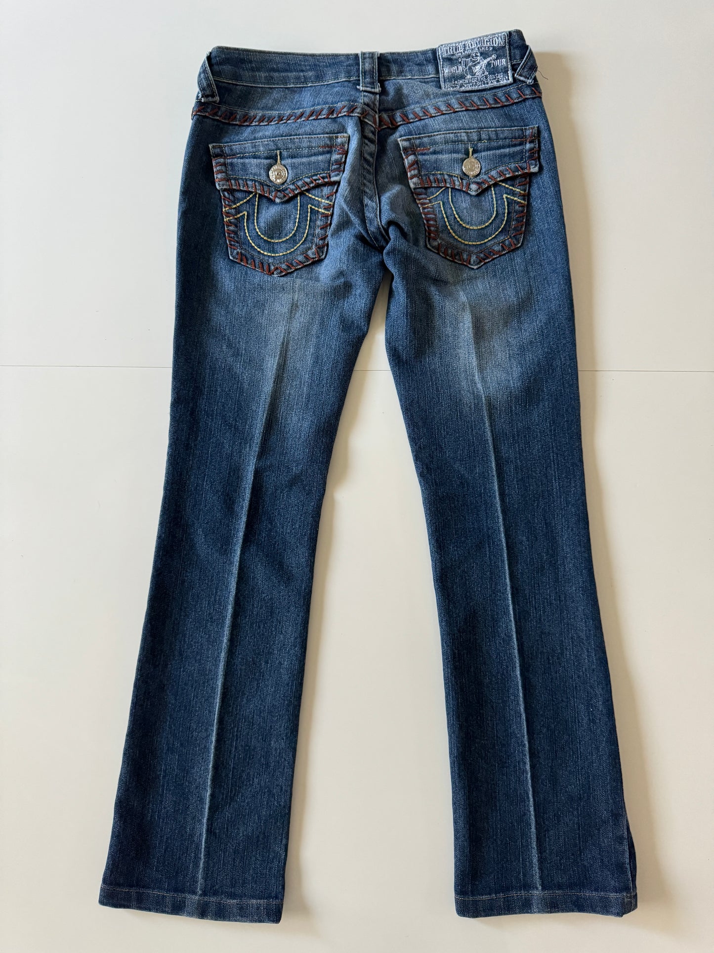 Jeans tiro bajo, con decoracion de puntadas, Talla 25, Mujer