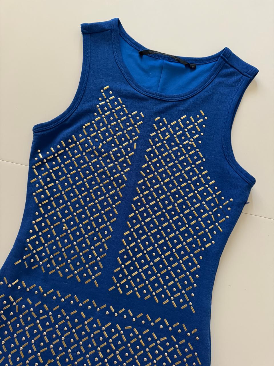 Vestido azul con aplicaciones metalicas, Talla XS, Mujer