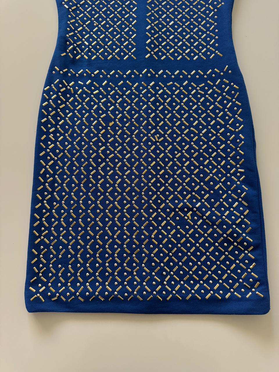 Vestido azul con aplicaciones metalicas, Talla XS, Mujer