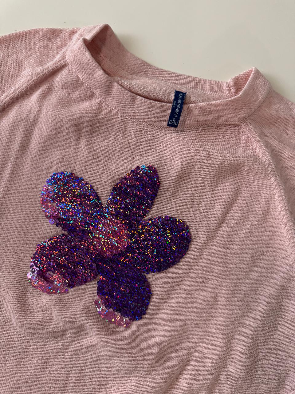 Sweter rosa con aplicacion de flor, L (12-14) Teen, XS Mujer