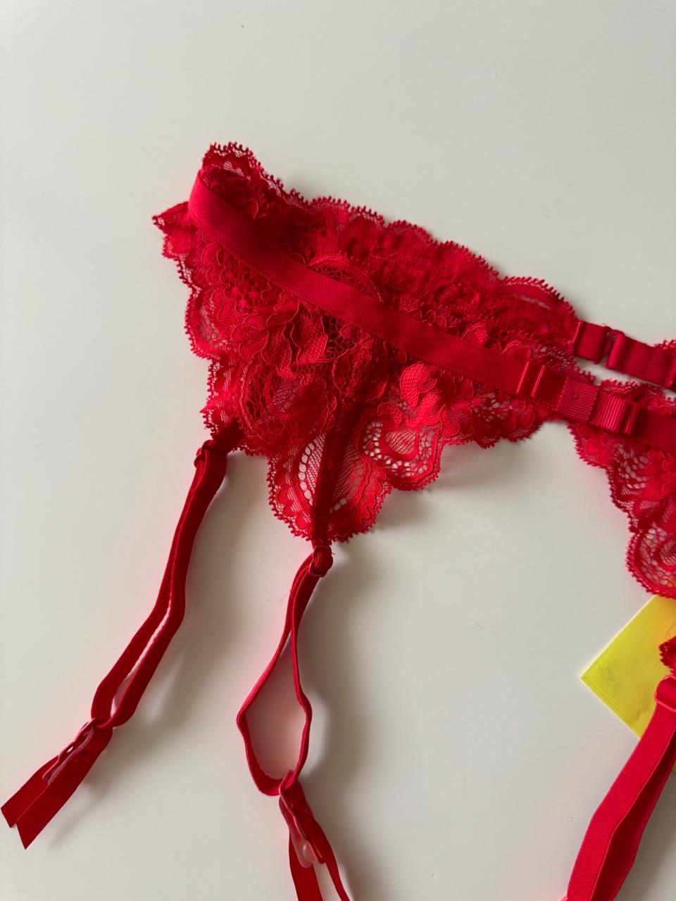 Liguero rojo de encaje, Talla XS, Mujer