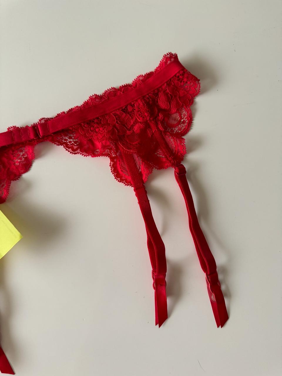 Liguero rojo de encaje, Talla XS, Mujer