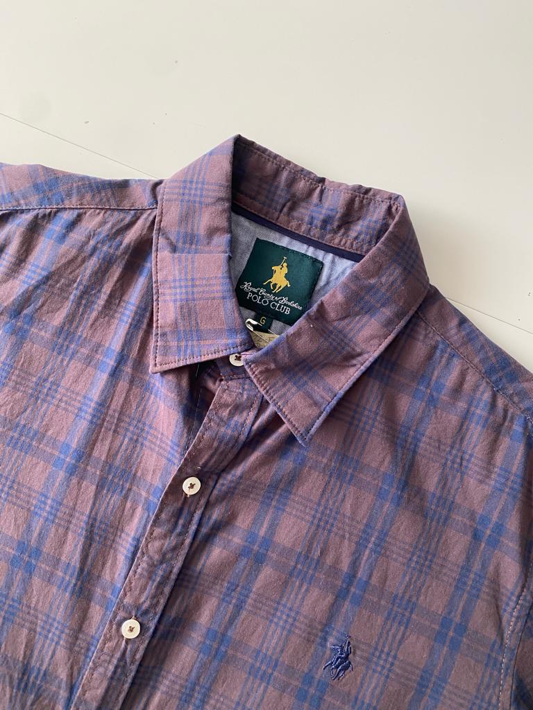 Camisa cafe cuadros, Talla L, Slim Fit, Hombre