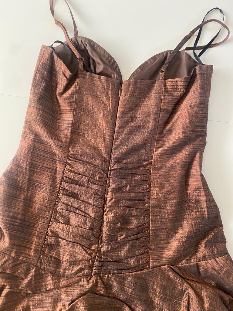 Vestido café, falda de globo, Talla 2, M, Mujer