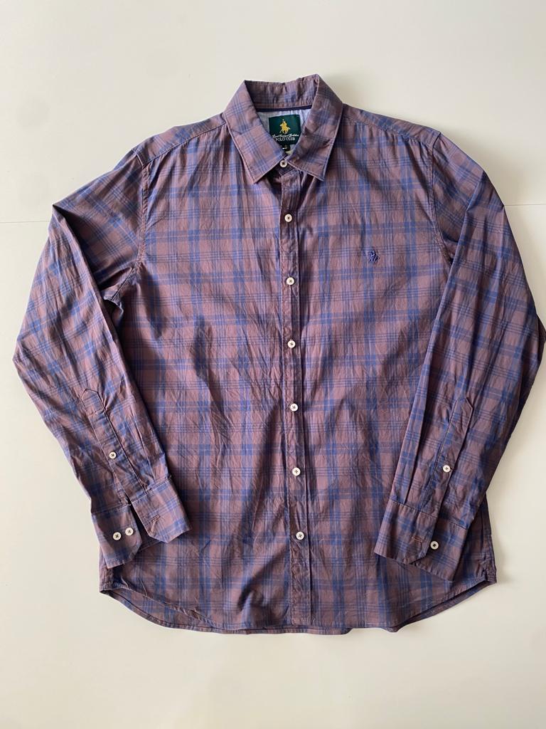 Camisa cafe cuadros, Talla L, Slim Fit, Hombre