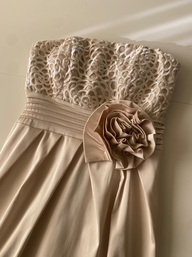 Vestido strapless de cocktail beige, Talla S, Mujer