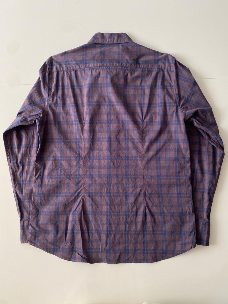Camisa cafe cuadros, Talla L, Slim Fit, Hombre