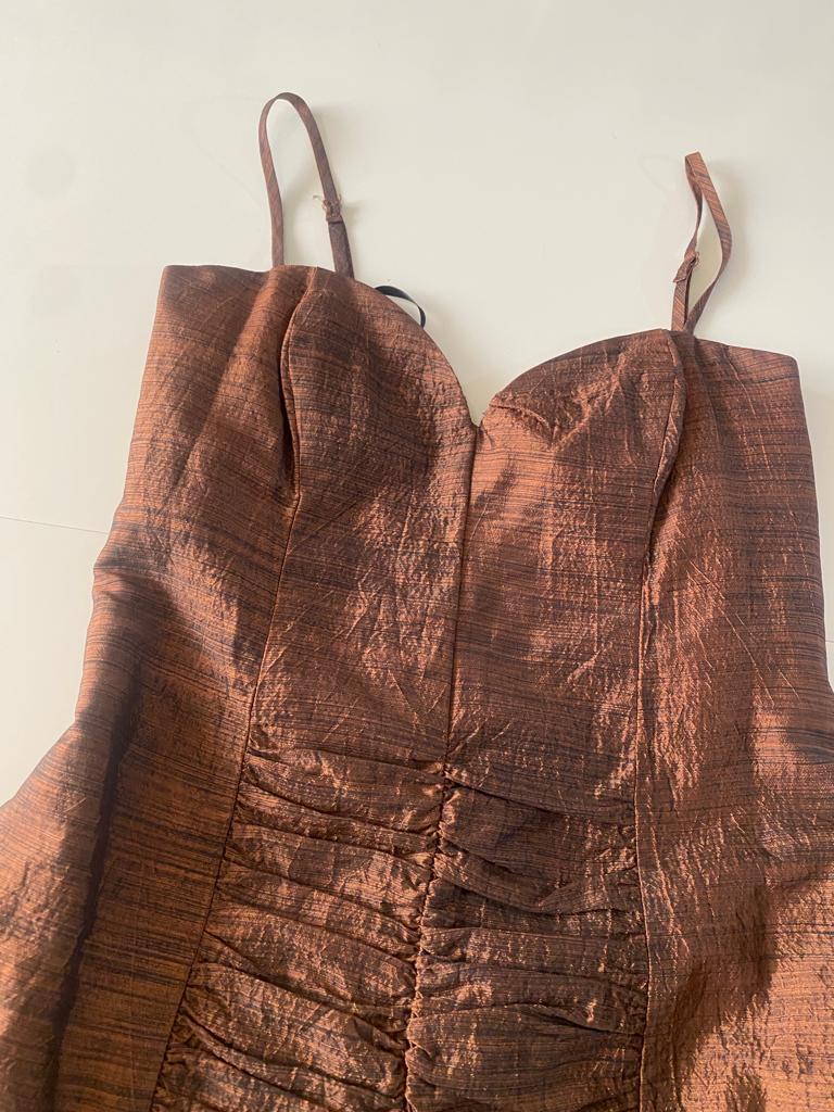 Vestido café, falda de globo, Talla 2, M, Mujer