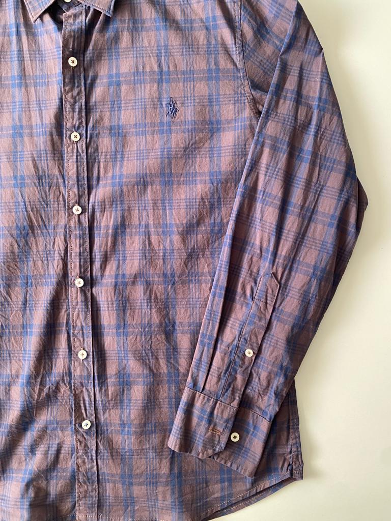 Camisa cafe cuadros, Talla L, Slim Fit, Hombre
