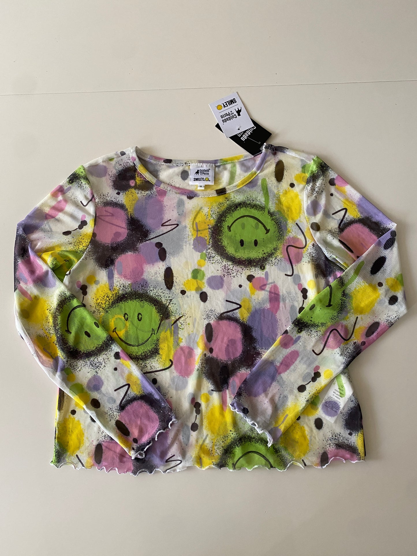 Blusa de mesh de manga larga estampada, Talla L, Mujer, NWT, Cuidado con el perro