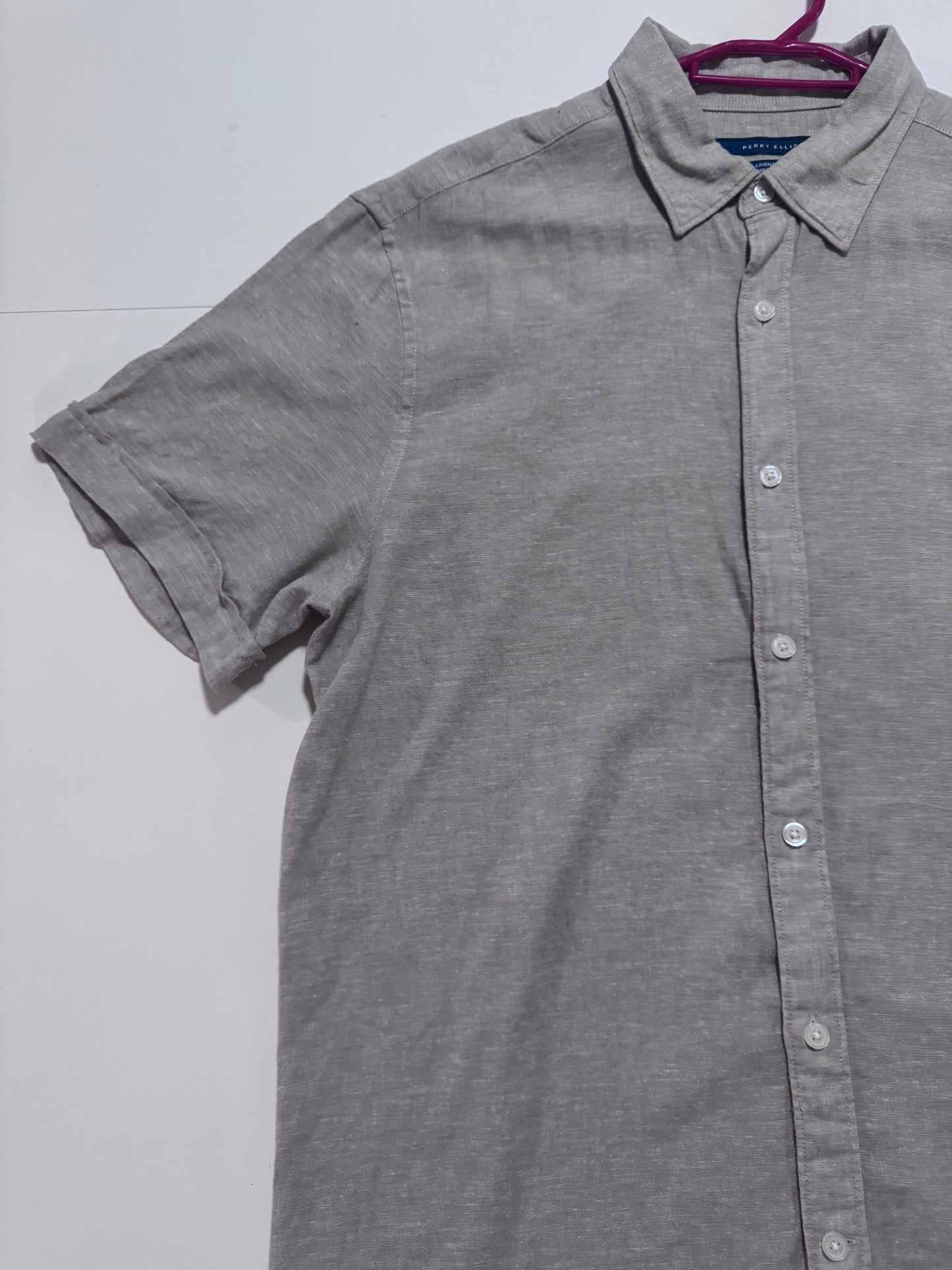 Camisa de lino beige, Talla M, Hombre, Perry Ellis