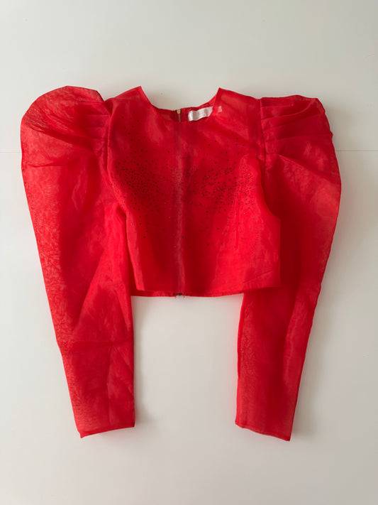 Blusa roja traslucida, mangas abullonadas, Talla S, Mujer, L|C Lizette Collection
