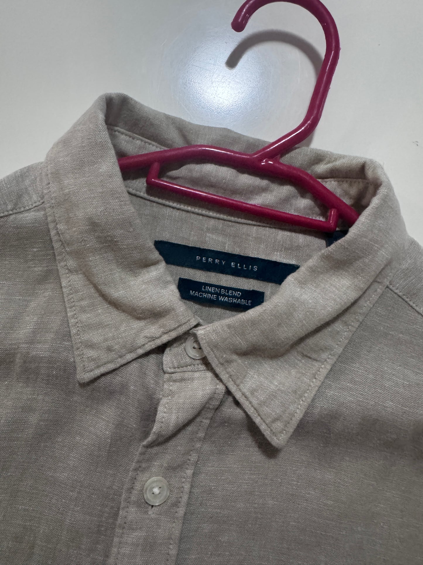 Camisa de lino beige, Talla M, Hombre, Perry Ellis