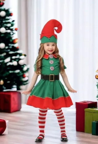 Vestido de duende navideño, 140cm, Talla 8 años, Niña