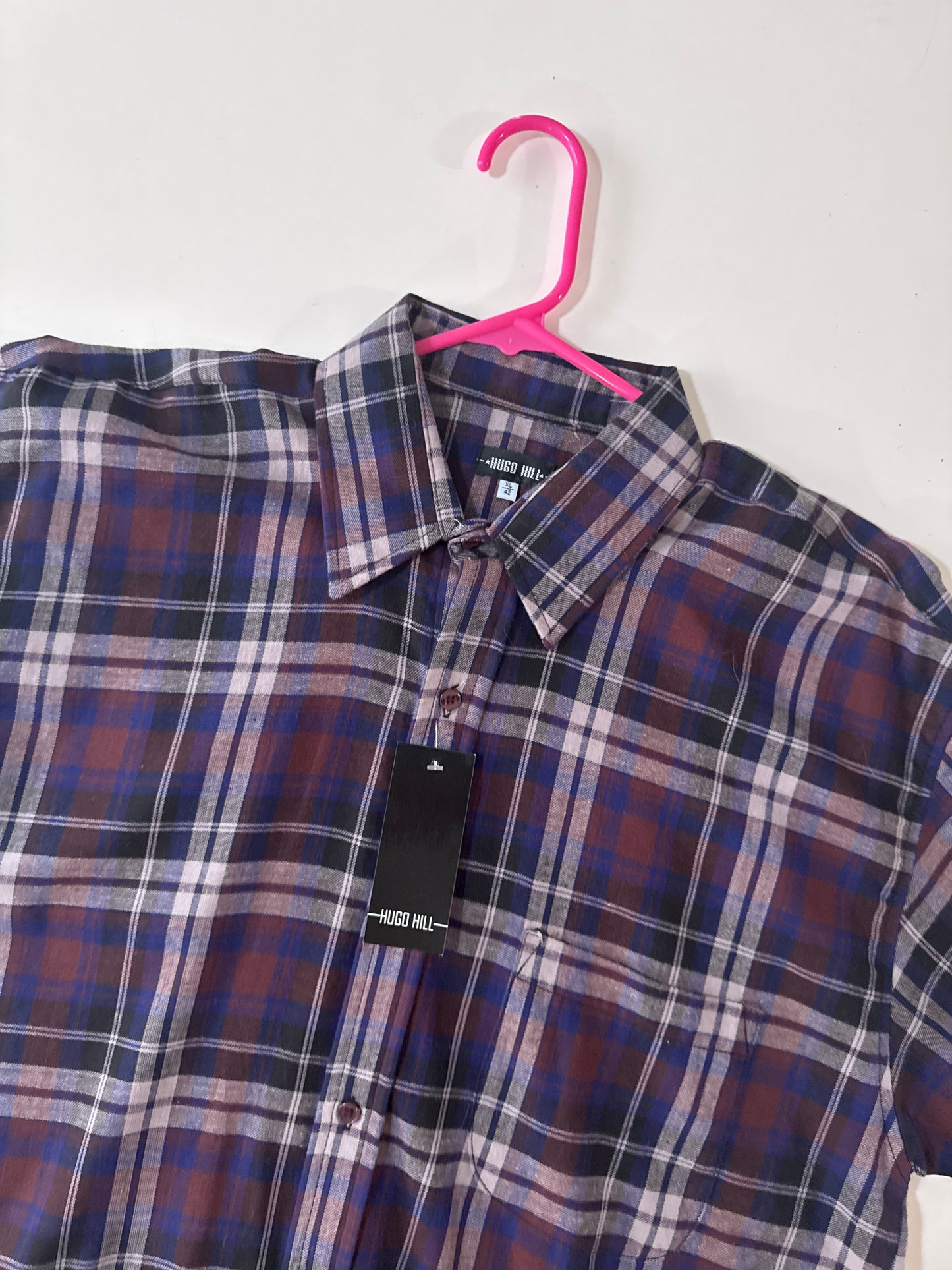 Camisa manga corta cuadros morados, Talla Xl, Hombre, Hugo Hill