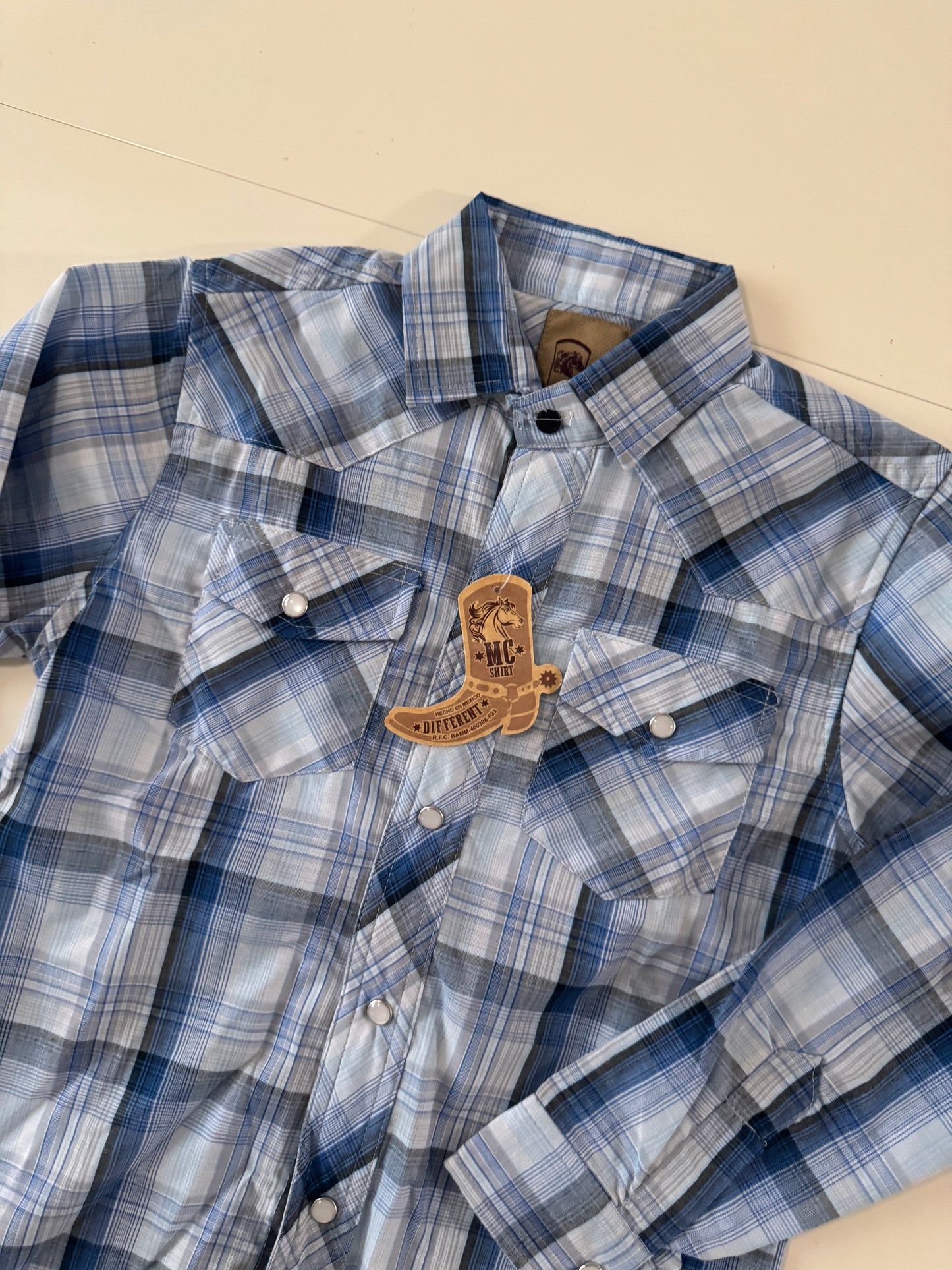 Camisa vaquera de cuadros celeste, Talla 12 años, MC Shirt, Niño