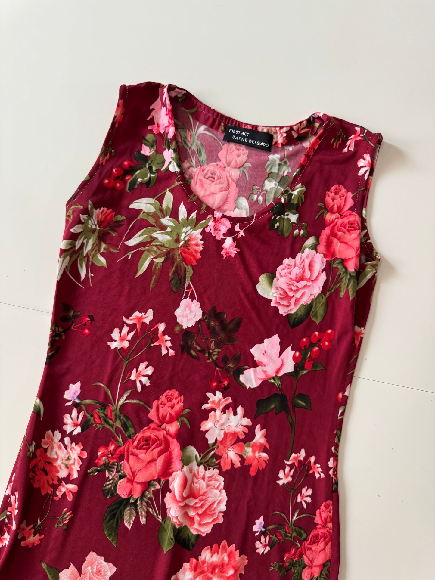 Vestido flores borgoña, Talla S, Mujer