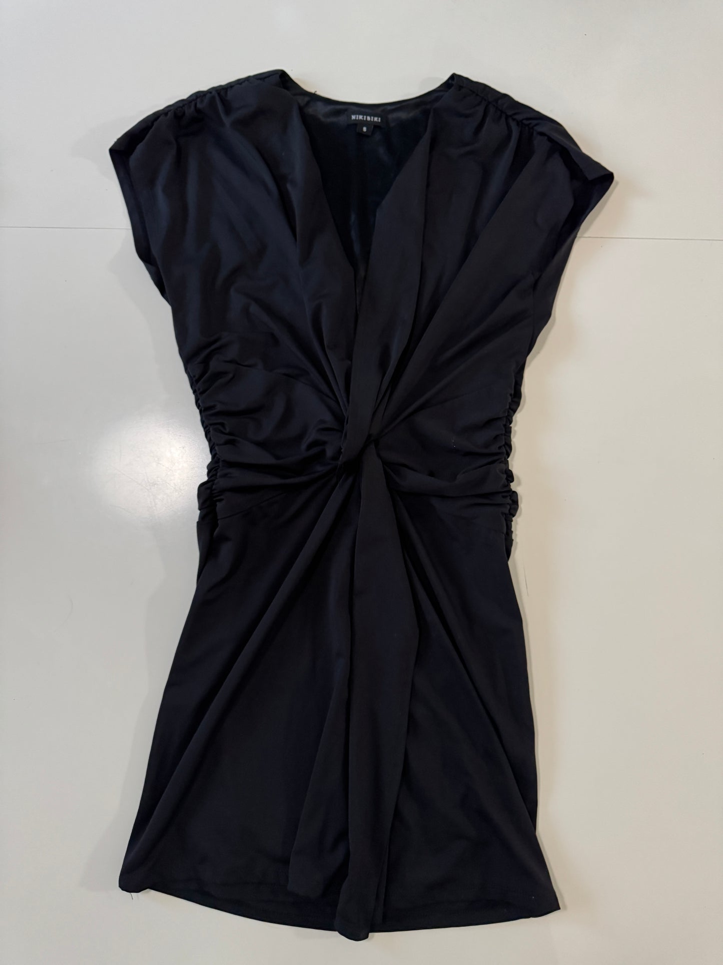 Vestido corto negro drapeado, Talla S, Mujer