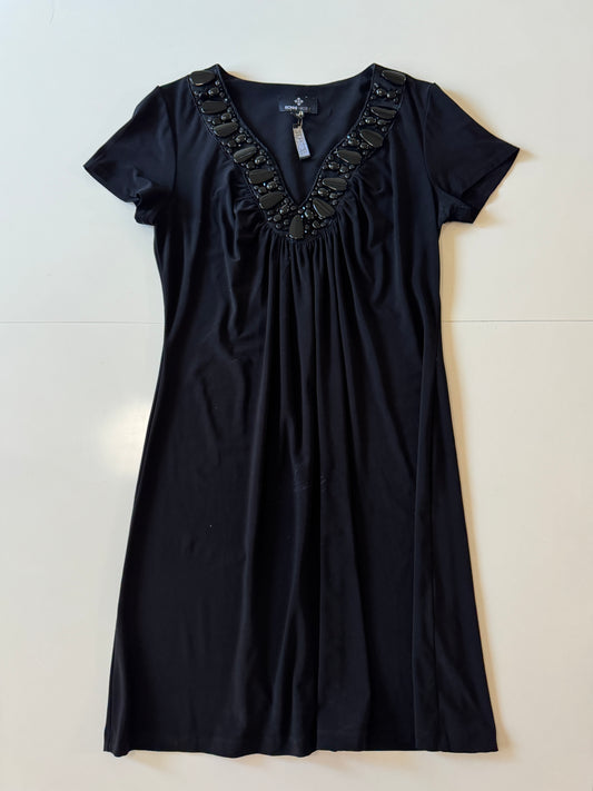 Vestido de jersey negro, decoraciones en cuello, Talla 10, M-L, Mujer, Ronni Nicole