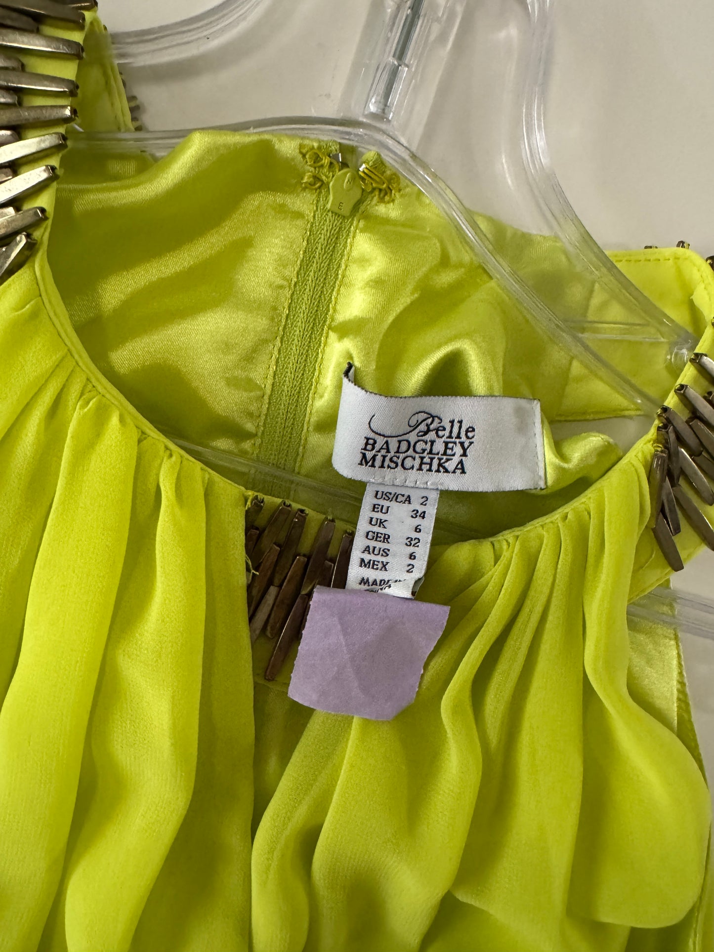 Vestido de fiesta amarillo limon, Talla 2, Xs, Mujer, Belle Badgley Mischka