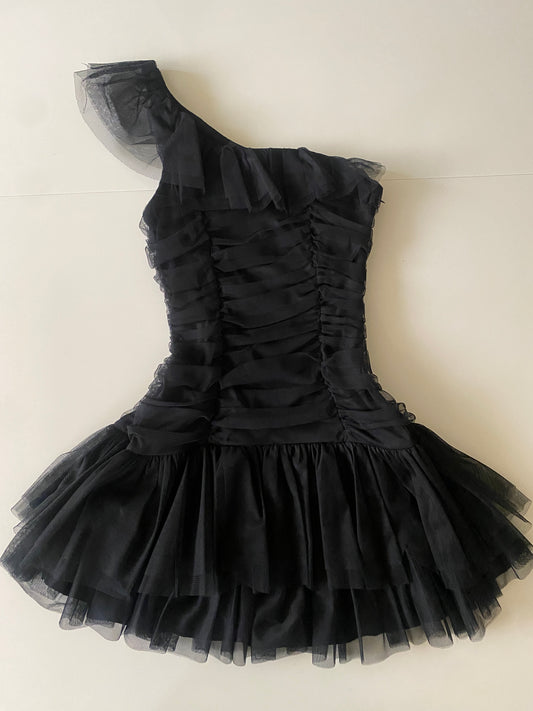 Vestido de 1 hombro, deapeado al cuerpo, de tul negro, Talla M, Mujer